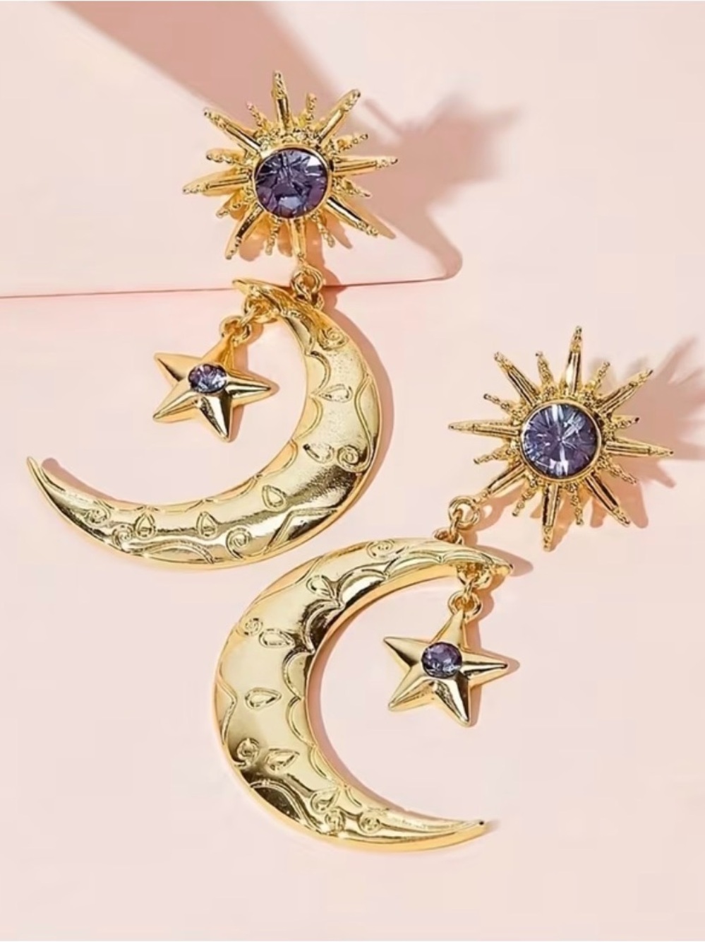 Gold Moon & Star Statement Drop Earrings with Purple Crystal Accents